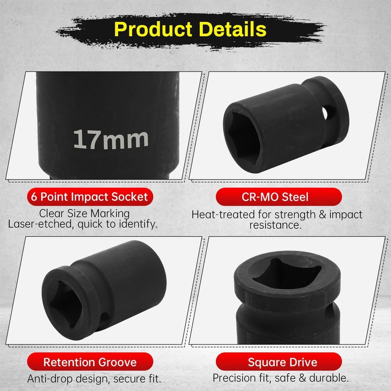 SUNKOO 1/2 Inch Drive 17mm Deep Impact Socket, CR-MO 6 Point Heavy Duty Metric Axle Nut Socket for Easy Removal of Axle and Wheel Hub Nuts - Image 3
